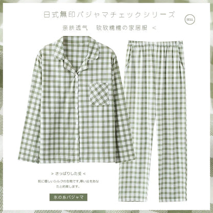 Cotton Couple Pajamas for Men and Women Spring and Autumn Pure Cotton Thin Plaid Long Sleeves Plus Size Outerwear