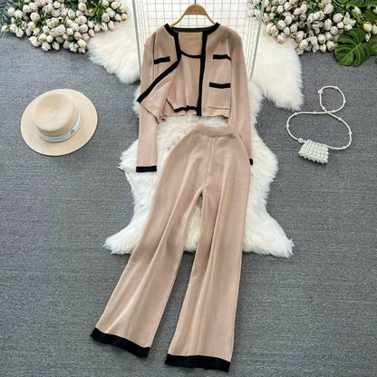 Fashion Suit K-style Long Sleeves Knitting Cardigan Vest Loose Pants Three-Piece Set