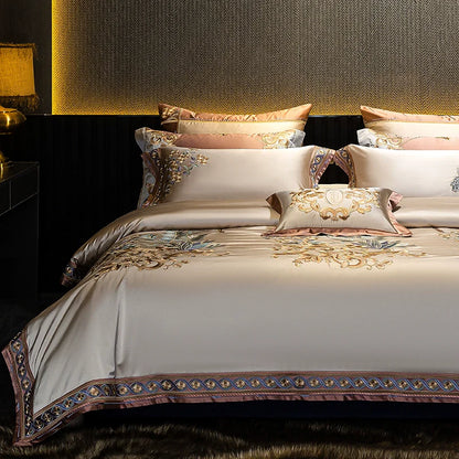 European Luxury Embroidery Palace Pure Cotton Satin Silk Bedding Set 6-10 PCs Set