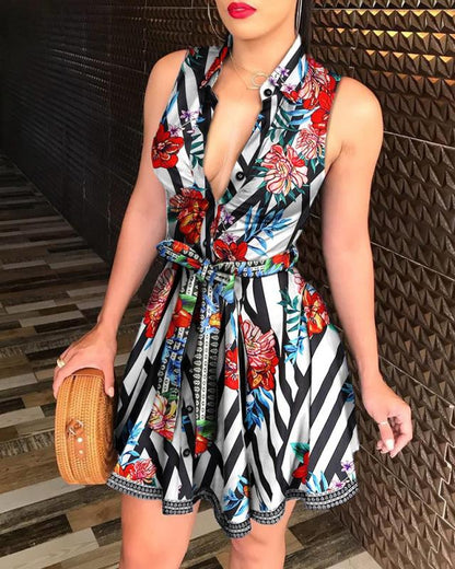 V-neck Lace up Fashion Print Dress