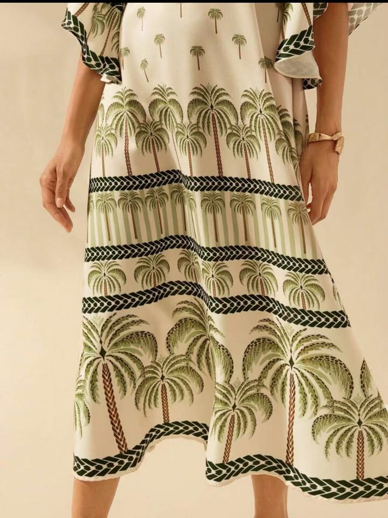 Women Summer Vintage Deep V Coconut Tree Print Flare Sleeve A-line Maxi Dress