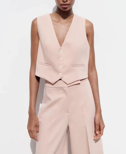 Spring High Waist Loose Pants Pants and Sleeveless V Neck Short Vest