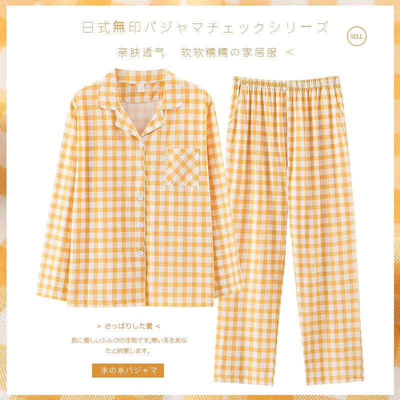 Pure Cotton Thin Plaid Unisex Pajamas for Men and Women Spring and Autumn Long Sleeves Plus Size Outerwear