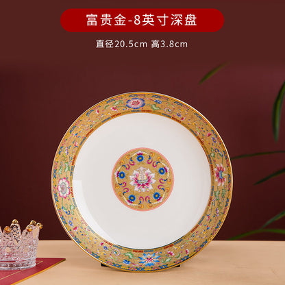 Enamel Color Big Dish round Plate For Home Single Chinese Creative Deep Dish Soup Plate Ceramic Tableware