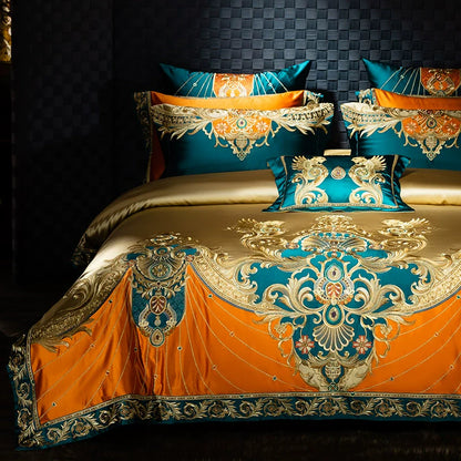 European Luxury Embroidery Palace Pure Cotton Satin Silk Bedding Set 6-10 PCs Set
