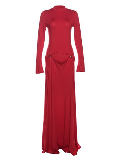 Sexy Half Turtleneck Long-Sleeved Red Dress Tall Elegant Large Long Skirt