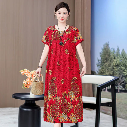Noble over-the-Knee Middle-Aged Ladieswear Large Swing Noil Poplin Dress