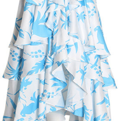 Elegant V-neck Puff Sleeve High Waist Lace-up Ruffled Asymmetrical Flowers Dress