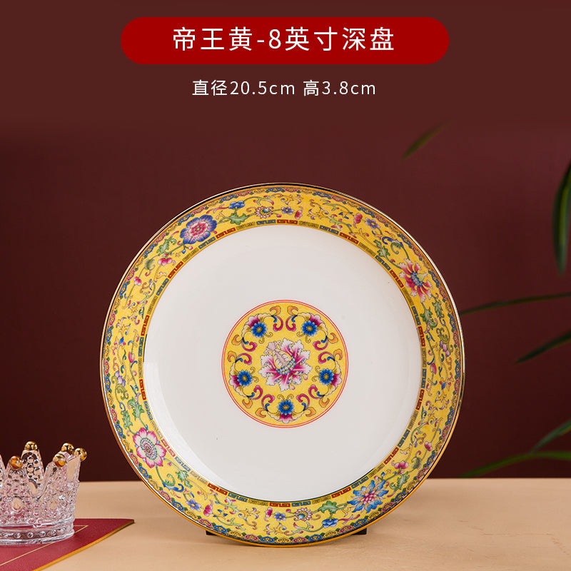 Enamel Color Big Dish round Plate For Home Single Chinese Creative Deep Dish Soup Plate Ceramic Tableware