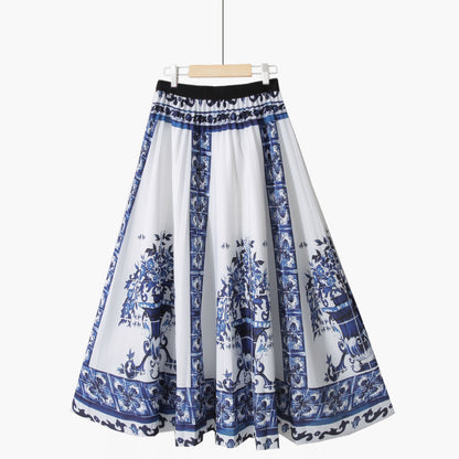 Summer Retro Blue and White Porcelain Printed Mid Length Pleated Skirt