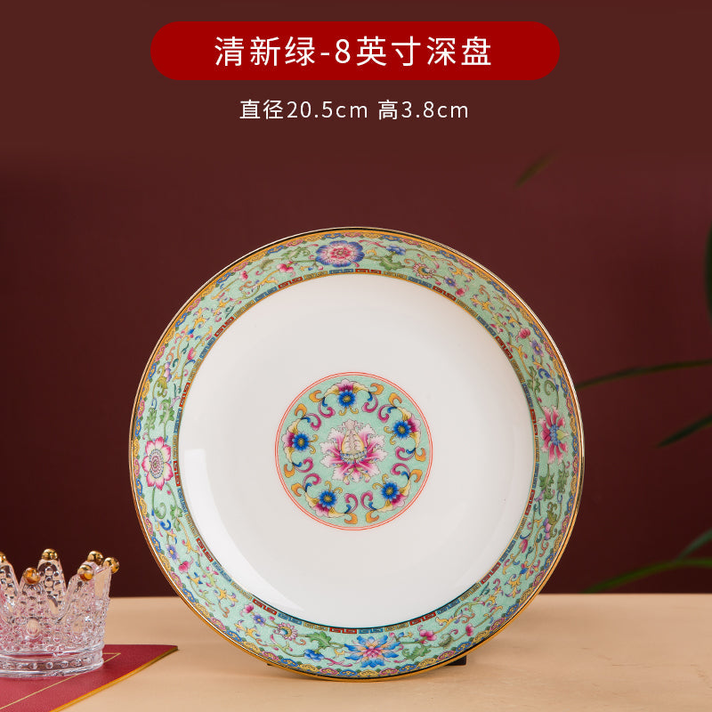 Enamel Color Big Dish round Plate For Home Single Chinese Creative Deep Dish Soup Plate Ceramic Tableware