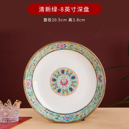 Enamel Color Big Dish round Plate For Home Single Chinese Creative Deep Dish Soup Plate Ceramic Tableware