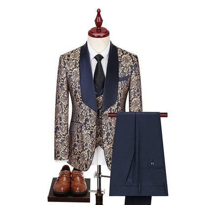Classy Men's Three-Piece Suit Set Pattern K-style Host Performance Dress Wedding Groom Clothing