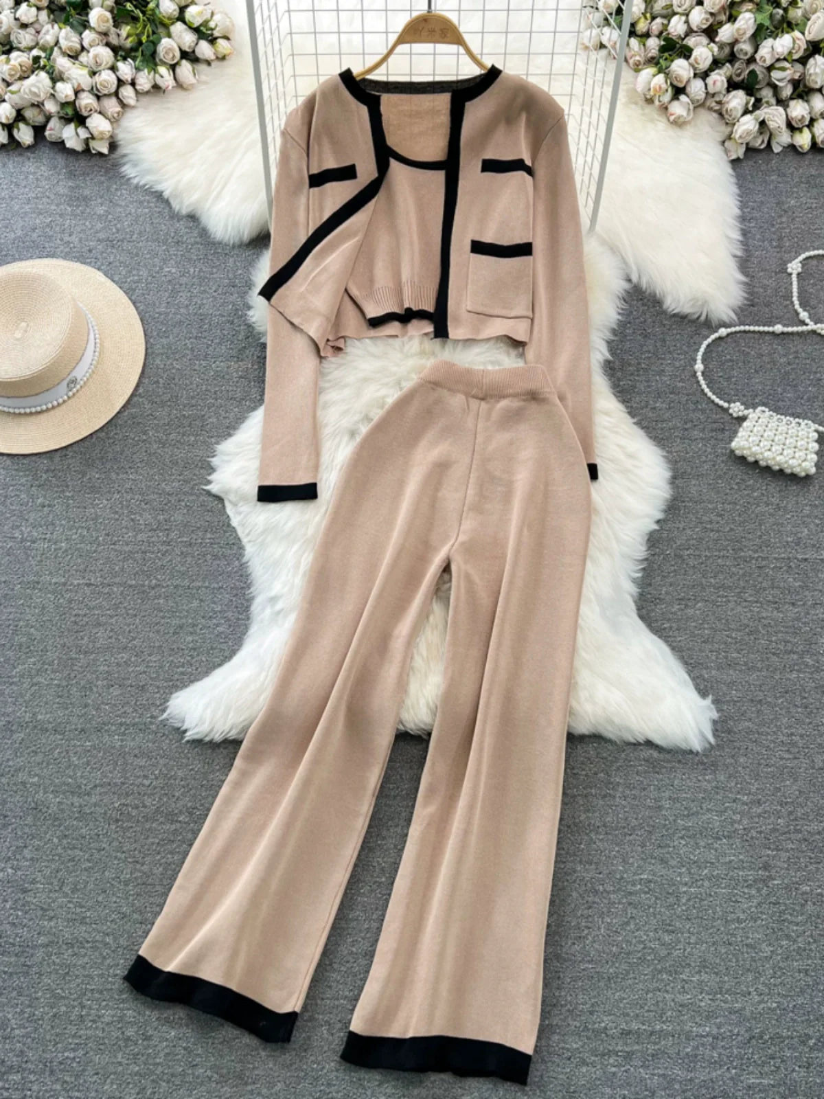 Fashion Suit K-style Long Sleeves Knitting Cardigan Vest Loose Pants Three-Piece Set