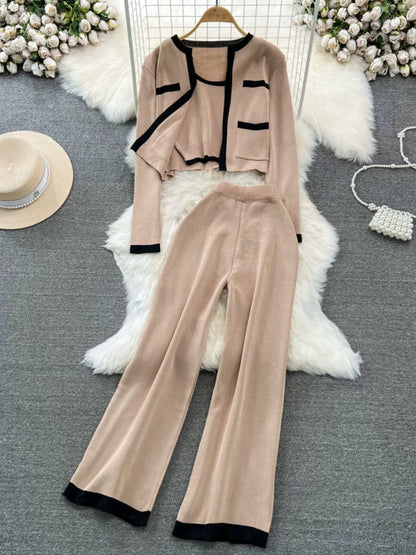 Fashion Suit K-style Long Sleeves Knitting Cardigan Vest Loose Pants Three-Piece Set