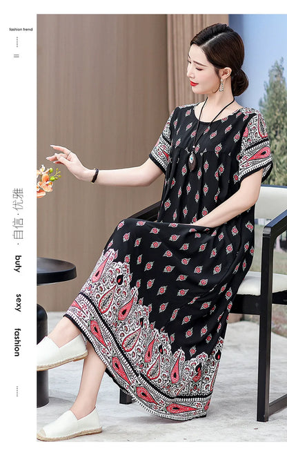 Noble over-the-Knee Middle-Aged Ladieswear Large Swing Noil Poplin Dress