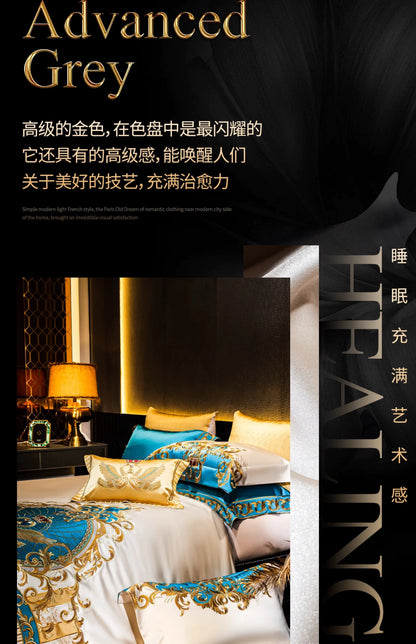 European Luxury Pure Cotton Satin Embroidery Bedding 4-10 Piece Set