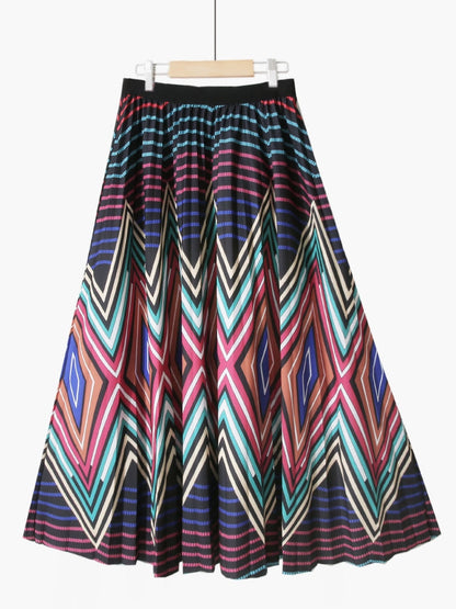 Summer Retro Blue and White Porcelain Printed Mid Length Pleated Skirt
