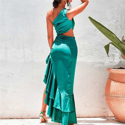 Women's Elegant Slant Shoulder Lotus Leaf Dress One Shoulder