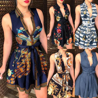V-neck Lace up Fashion Print Dress