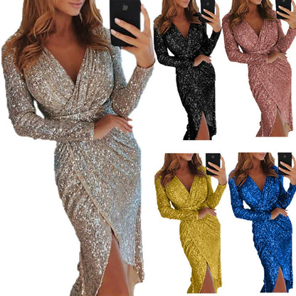 Women's Gilding Dinner Sexy Long Sleeves V Neck Shiny Dress