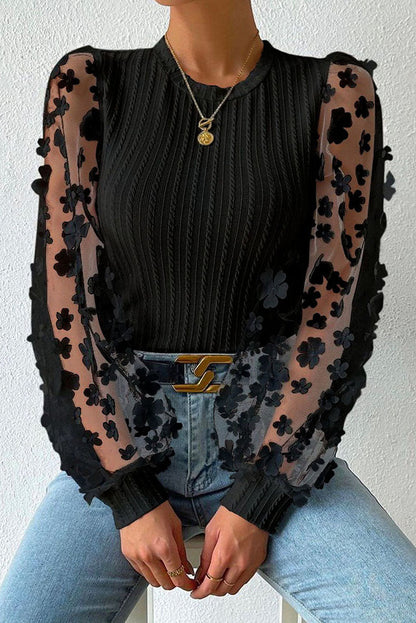 Women Fashion Blouse Mesh Long Sleeves Small Flower