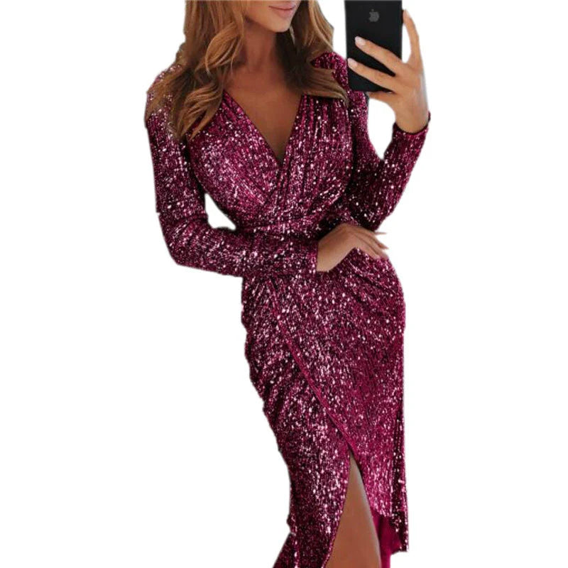 Women's Gilding Dinner Sexy Long Sleeves V Neck Shiny Dress