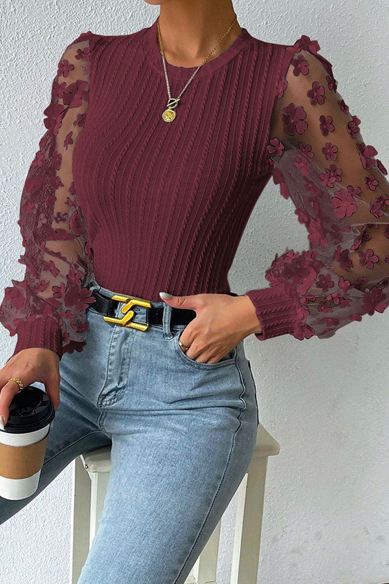 Women Fashion Blouse Mesh Long Sleeves Small Flower