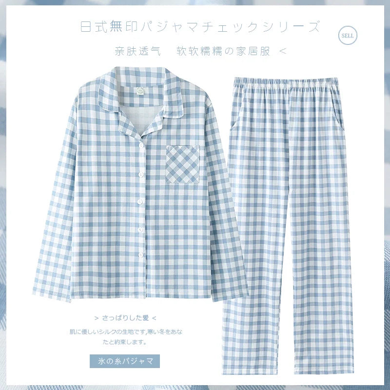 Cotton Couple Pajamas for Men and Women Spring and Autumn Pure Cotton Thin Plaid Long Sleeves Plus Size Outerwear