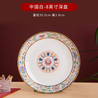 Enamel Color Big Dish round Plate For Home Single Chinese Creative Deep Dish Soup Plate Ceramic Tableware