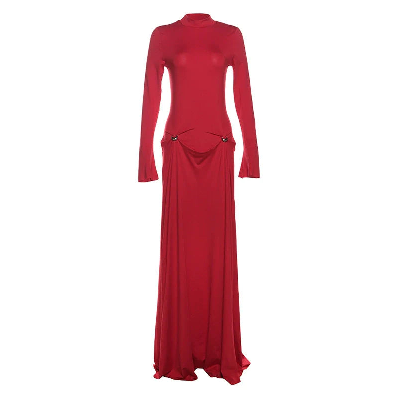 Sexy Half Turtleneck Long-Sleeved Red Dress Tall Elegant Large Long Skirt