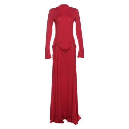 Sexy Half Turtleneck Long-Sleeved Red Dress Tall Elegant Large Long Skirt
