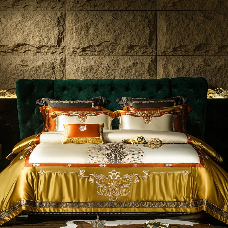 European Luxury Pure Cotton Satin Embroidery Bedding Set 4 - 10 Pieces