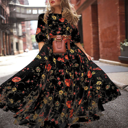 Elegant Spring Flower Long-Sleeved Maxi Dress