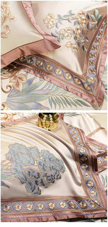 European Luxury Palace Satin Silk Cotton Embroidery Bedding Set 6-10 PCs Set