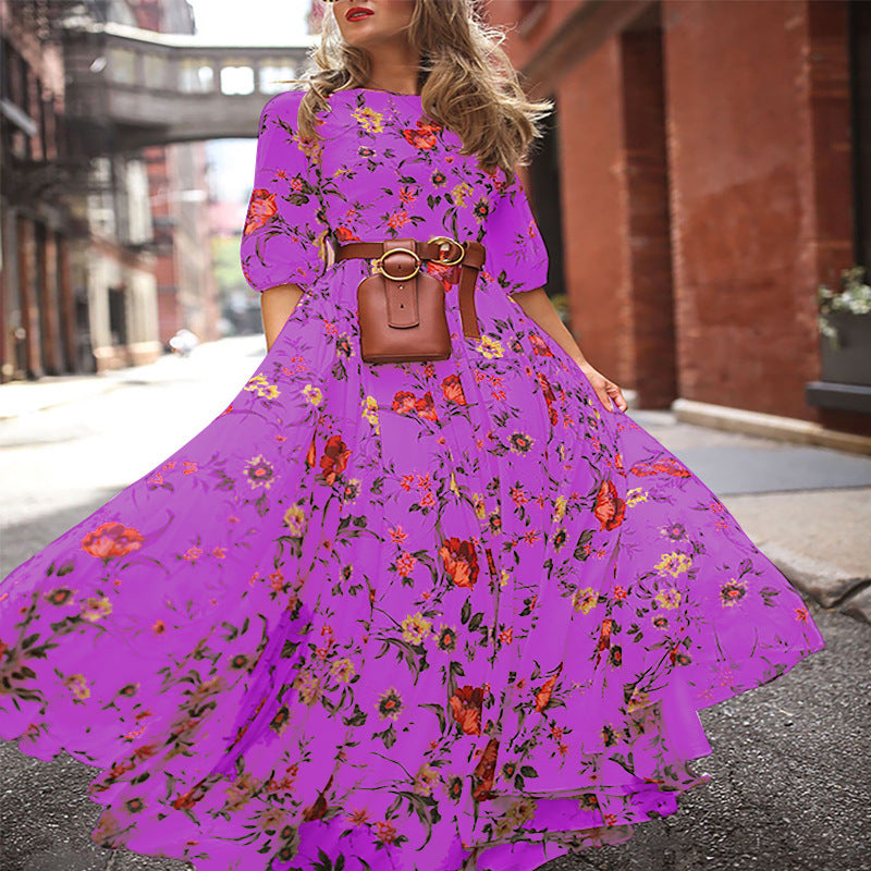 Elegant Spring Flower Long-Sleeved Maxi Dress