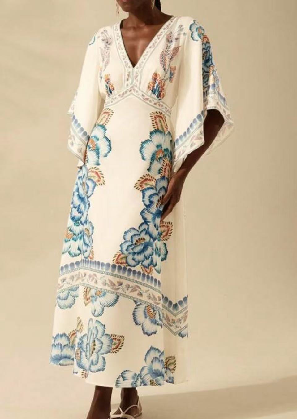 Women Summer Vintage Deep V Coconut Tree Print Flare Sleeve A-line Maxi Dress