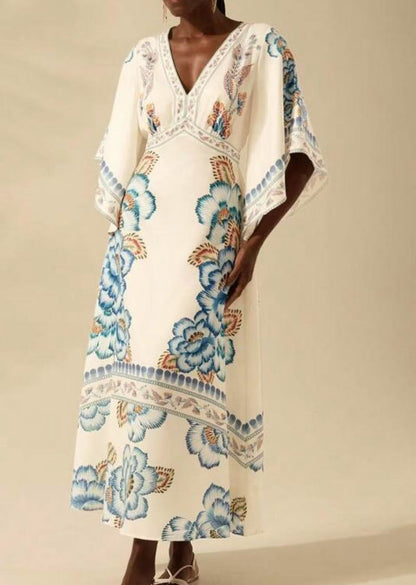Women Summer Vintage Deep V Coconut Tree Print Flare Sleeve A-line Maxi Dress