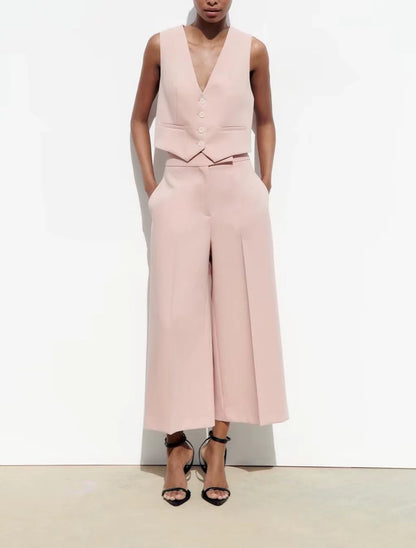 Spring High Waist Loose Pants Pants and Sleeveless V Neck Short Vest