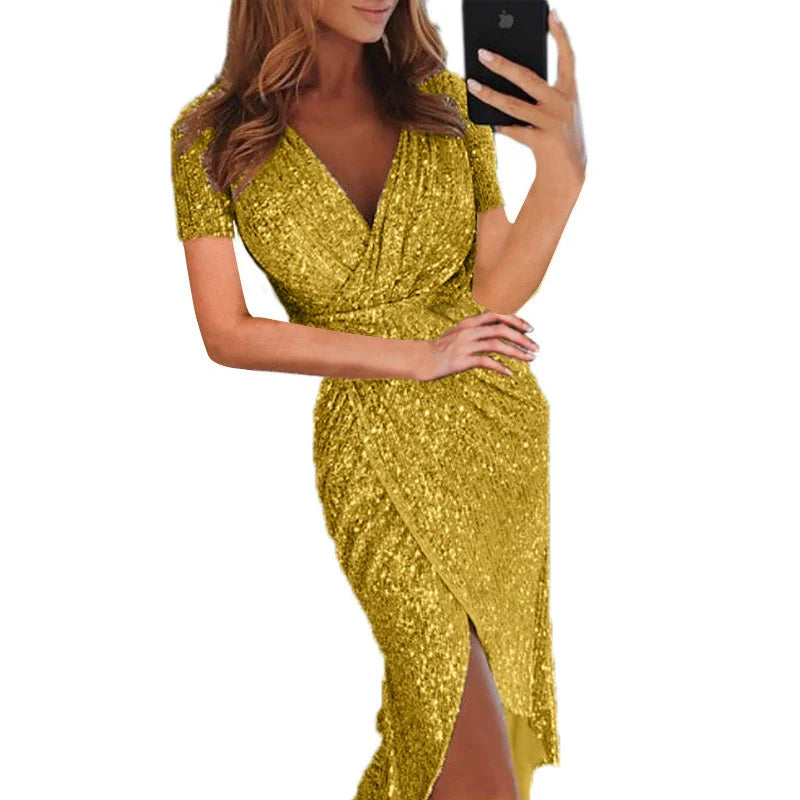 Women's Gilding Dinner Sexy Long Sleeves V Neck Shiny Dress