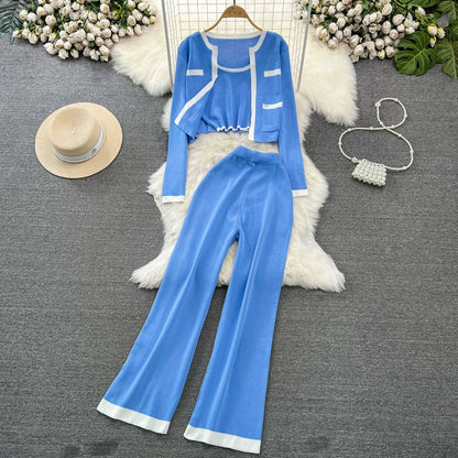 Fashion Suit K-style Long Sleeves Knitting Cardigan Vest Loose Pants Three-Piece Set