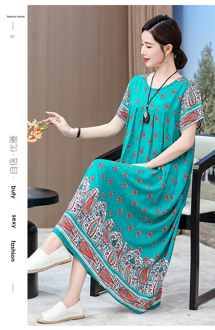 Noble over-the-Knee Middle-Aged Ladieswear Large Swing Noil Poplin Dress