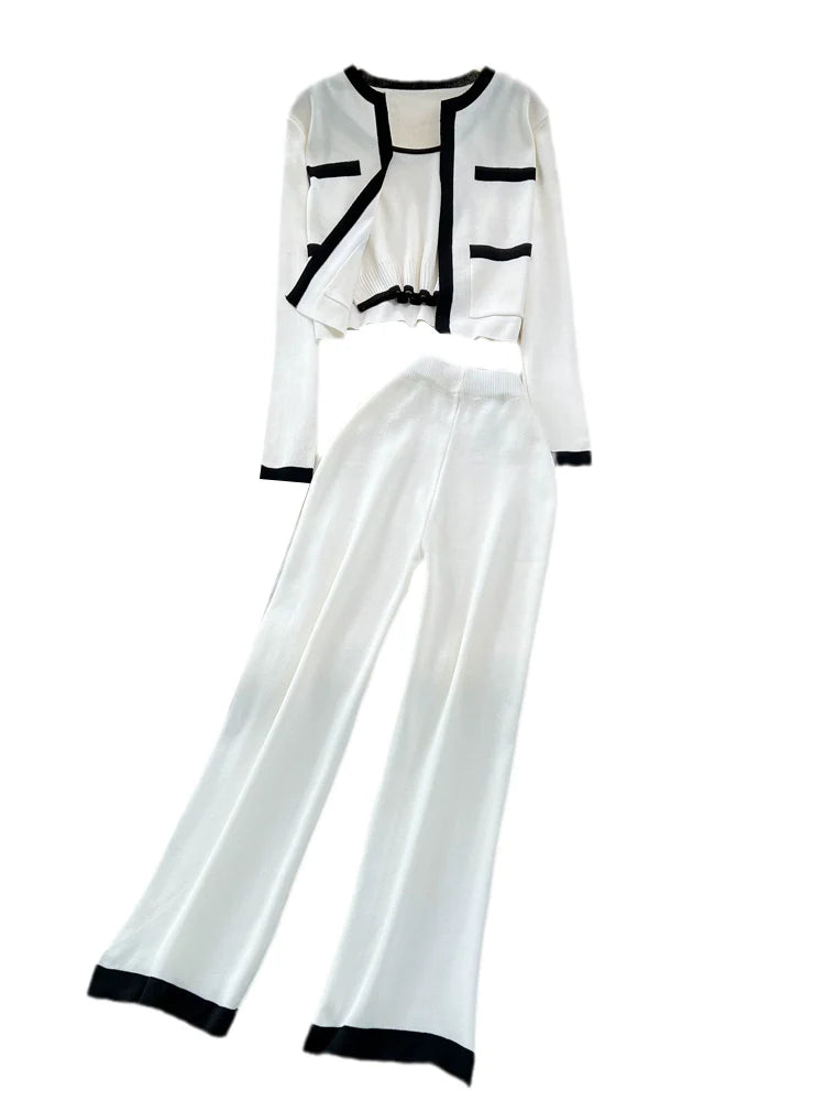 Fashion Suit K-style Long Sleeves Knitting Cardigan Vest Loose Pants Three-Piece Set