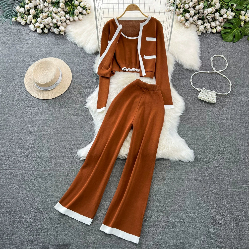 Fashion Suit K-style Long Sleeves Knitting Cardigan Vest Loose Pants Three-Piece Set