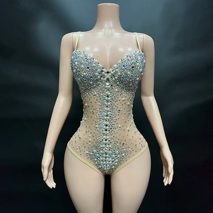 Rhinestone Diamond Ultra Short Bra Collar Jumpsuits