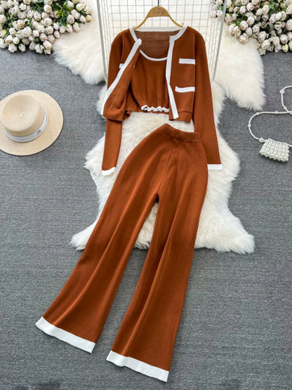 Fashion Suit K-style Long Sleeves Knitting Cardigan Vest Loose Pants Three-Piece Set