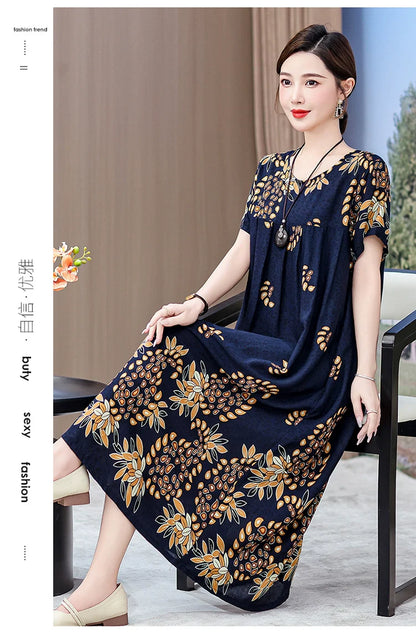 Noble over-the-Knee Middle-Aged Ladieswear Large Swing Noil Poplin Dress