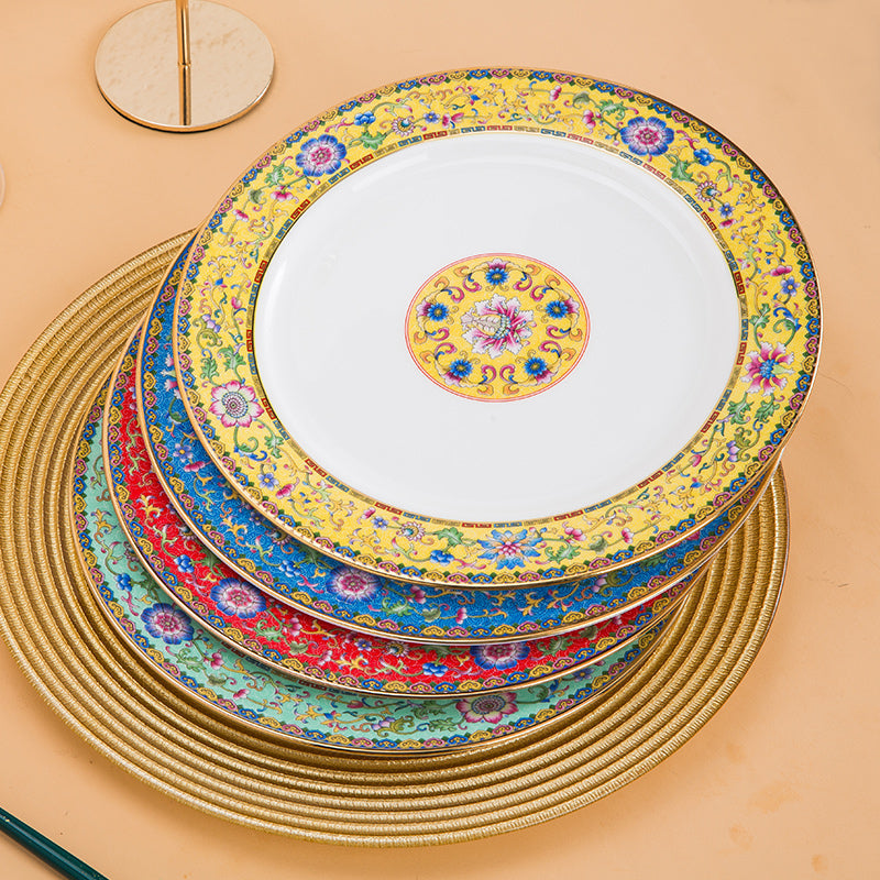 Enamel Color Big Dish round Plate For Home Single Chinese Creative Deep Dish Soup Plate Ceramic Tableware