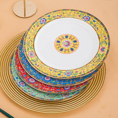 Enamel Color Big Dish round Plate For Home Single Chinese Creative Deep Dish Soup Plate Ceramic Tableware