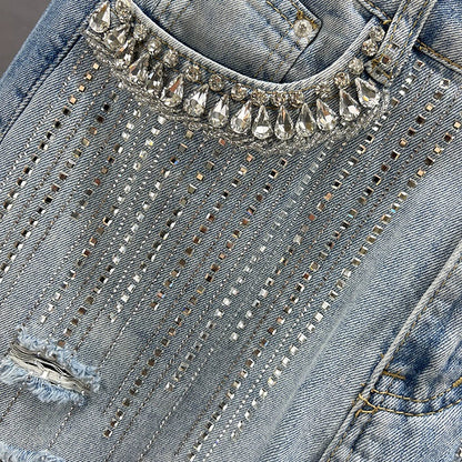 Ripped Wide-Leg Diamond Jeans Female Summer High Waist Loose Slim